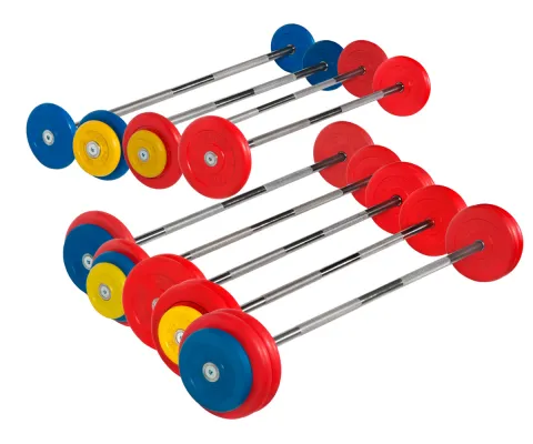 Штанги неразборные цветные 10 - 30 кг (9 штук), шаг 2,5 кг MB Barbell